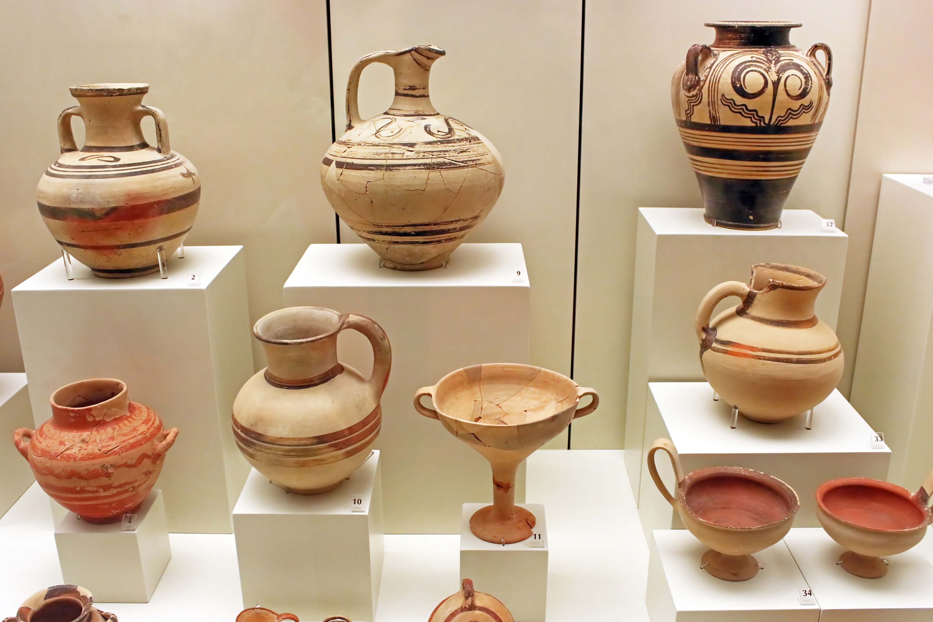 various Greek amphorae on display. This type of pottery is common at the Indian landmark, Arikamedu.