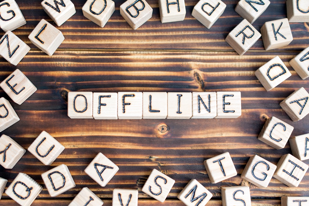 The word "offline" made with letter blocks