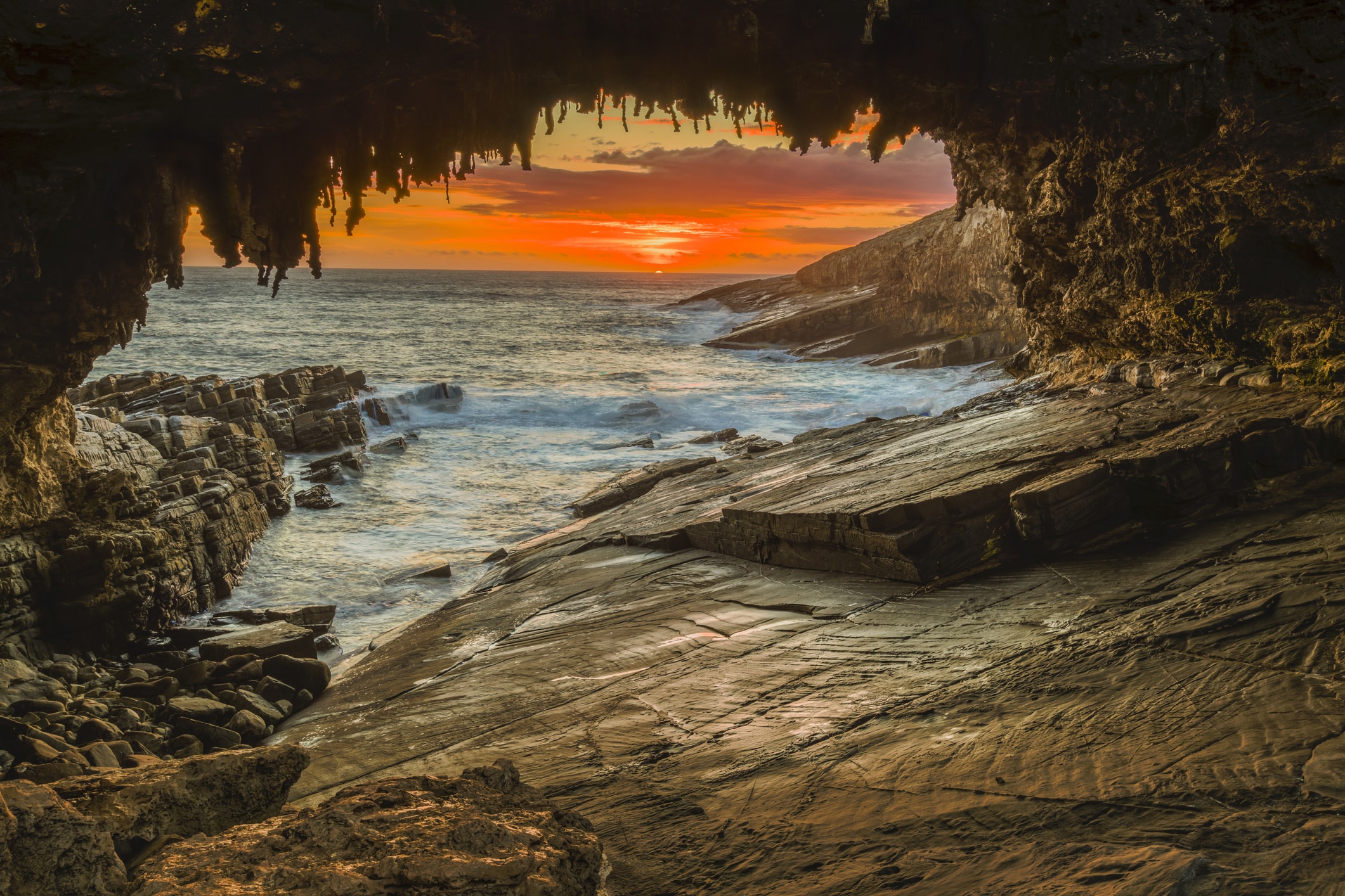 Sunset at Admiral's Arch - a popular caving site on Kangaroo Island. 