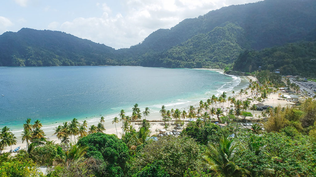 A scenic view of the blue beach waves, tropical island with palm trees, and the mountains in Trinidad and Tobago for Sky Bird Travel & Tours top travel destinations for 2023.